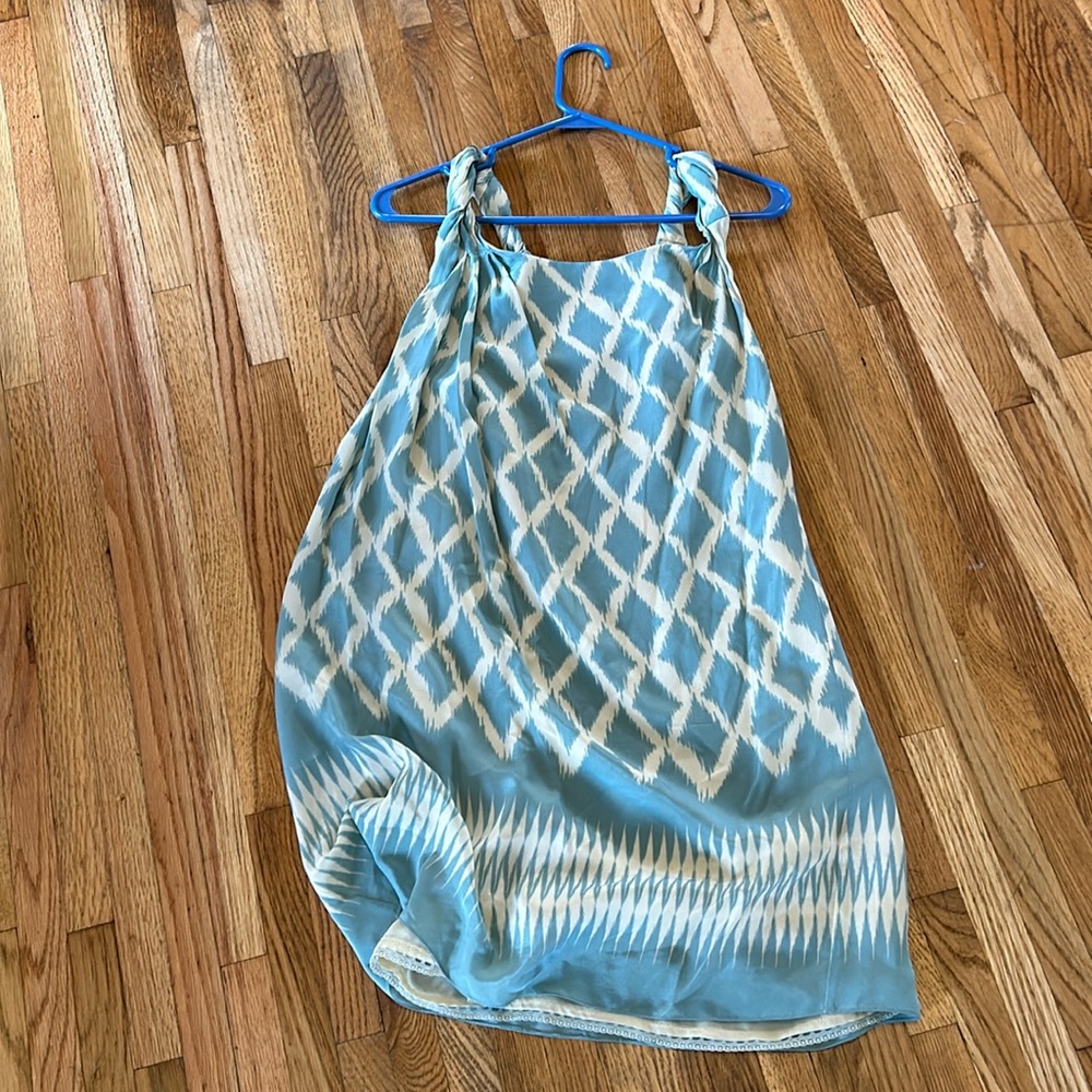 Moulinette Soeurs size 6 twisted sleeveless short dress. Blue and Cream.